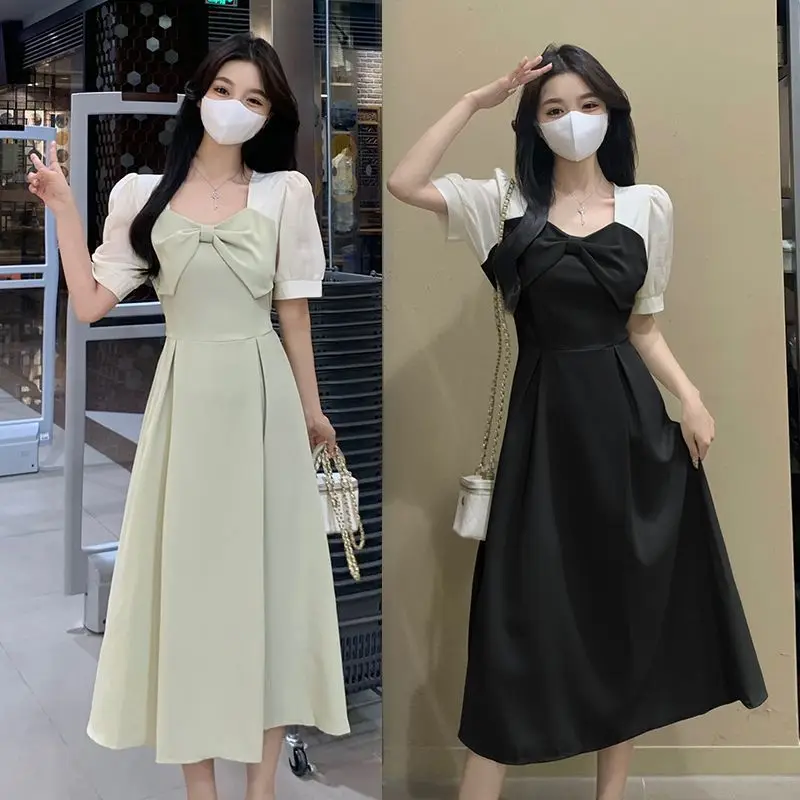 

Plus-size dress 2023 summer dress new French bow splicing fat mm temperament in the long dress