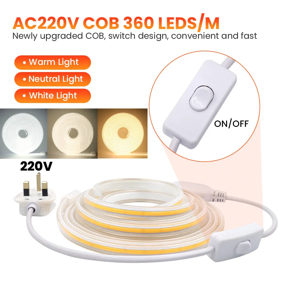 Светодиодная лента COB с переключателем ВКЛ./ВЫКЛ. гибкая Водонепроницаемая