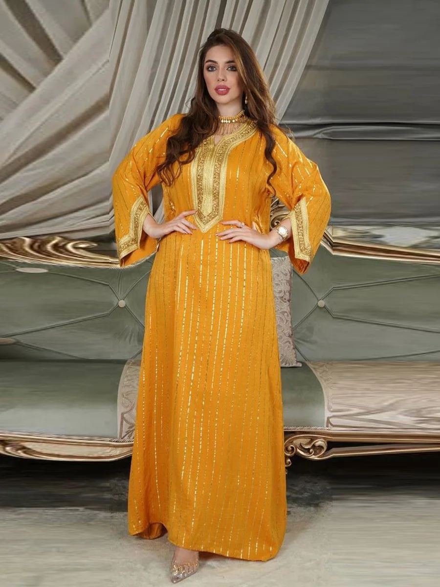 

Gold Stamp Jalabiya Kaftan Abaya Dress for Women Dubai Casual Modest Robe Muslim Arab Moroccan Caftan Party Islamic Dress Robe