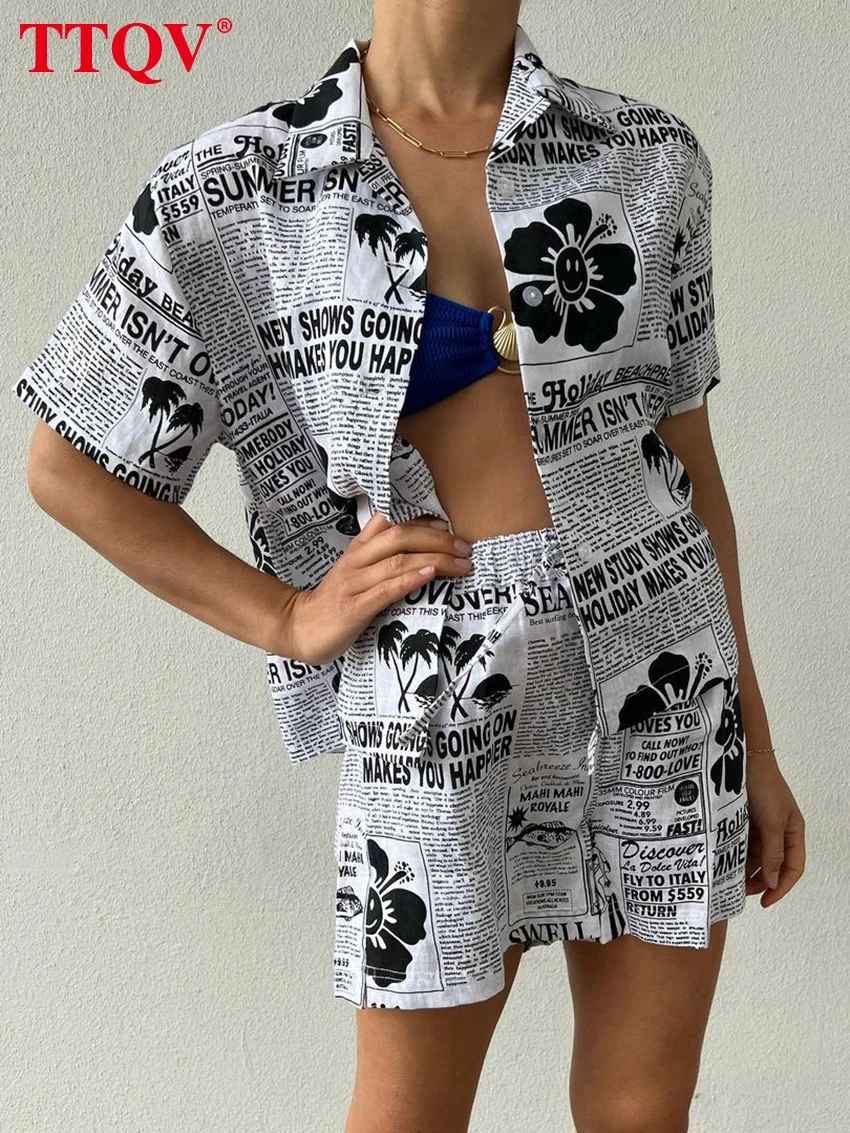 

TTQV Fashion White Print Two Piece Set For Women Elegant Lapel Short Sleeve Single-Breasted Shirts And Drawstring Shorts Sets