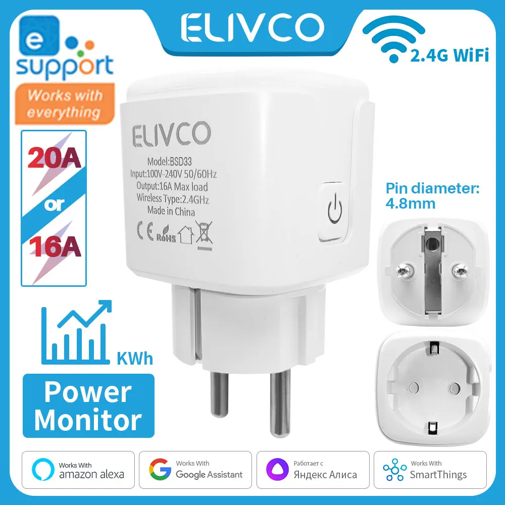 Смарт-розетка с функцией мониторинга мощности EWELink 16A/20A Smart Plug WiFi EU поддержка Alexa