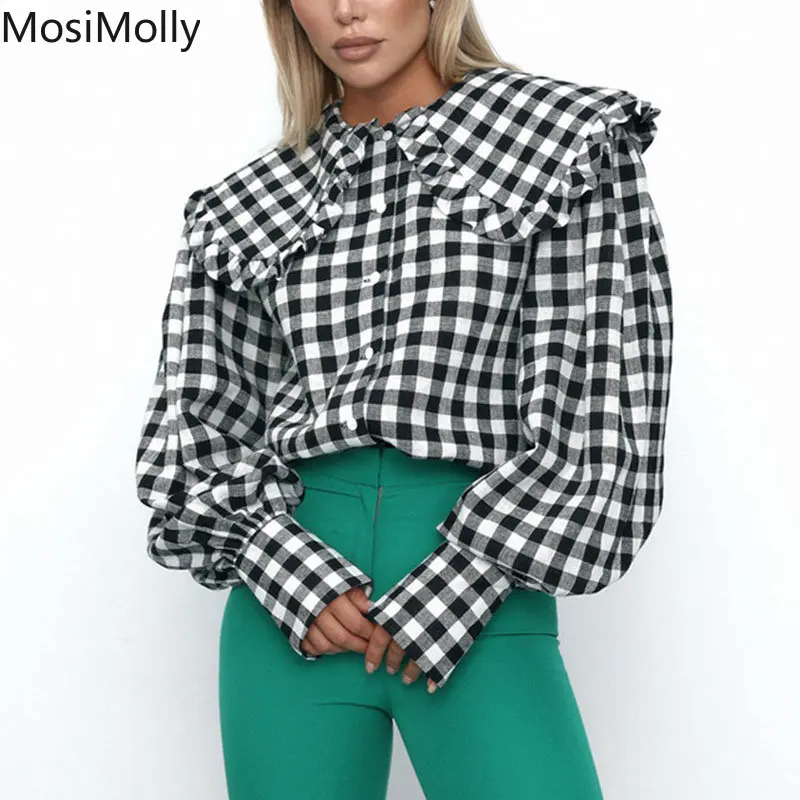 

Cotton Blouses Plaid Blouses Women Shirt Tops Peter Pan Collar Lantern Sleeve Tops Shirt Female Blusas