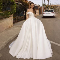 white simple satin wedding dress 2022 for women off the shoulder backless bridal gown elegant formal vestido de noiva