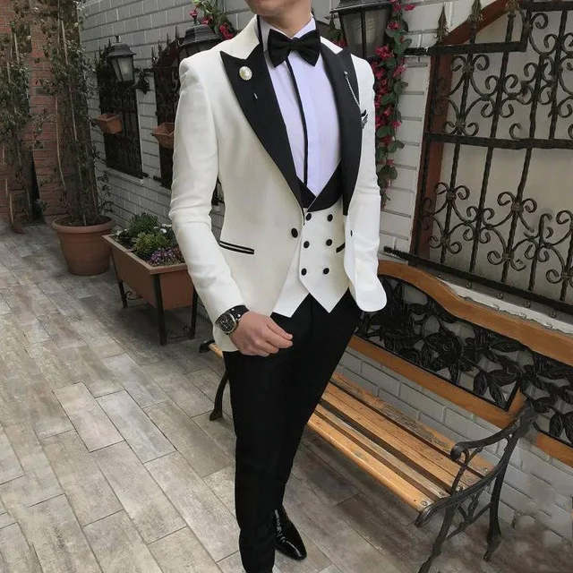 

Latest Designs Ivory Men Suits for Wedding Black Peaked Lapel Man Blazers Groom Tuxedos Slim Fit Costume Mariage Homme 3Piece