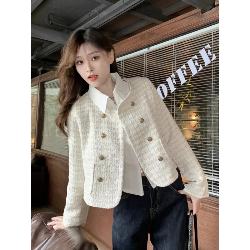 Женская твидовая короткая куртка осень 2024 новый дизайн укороченный грубый твид с