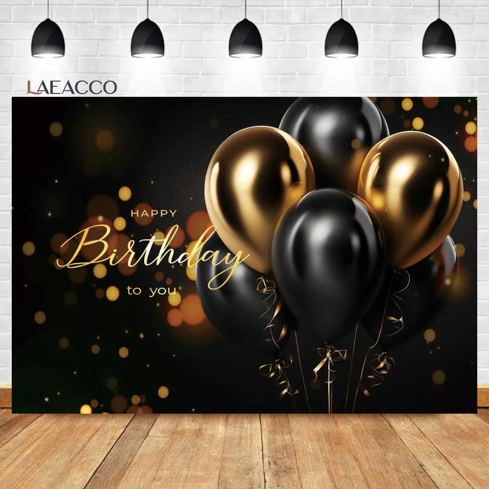 

Laeacco Happy Birthday Party Backdrop Black Gold Balloons Glitter Bokeh Spots Adult Men Women Portrait Photography Background