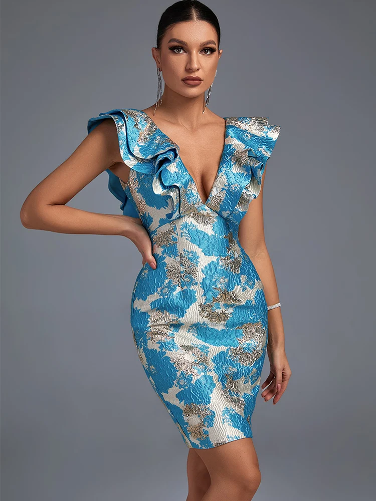 

Jacquard Ruffle Party Dress Women Blue Bodycon Dress Elegant Sexy Midi Backless Evening Club Outfits 2022 Summer New Fashion