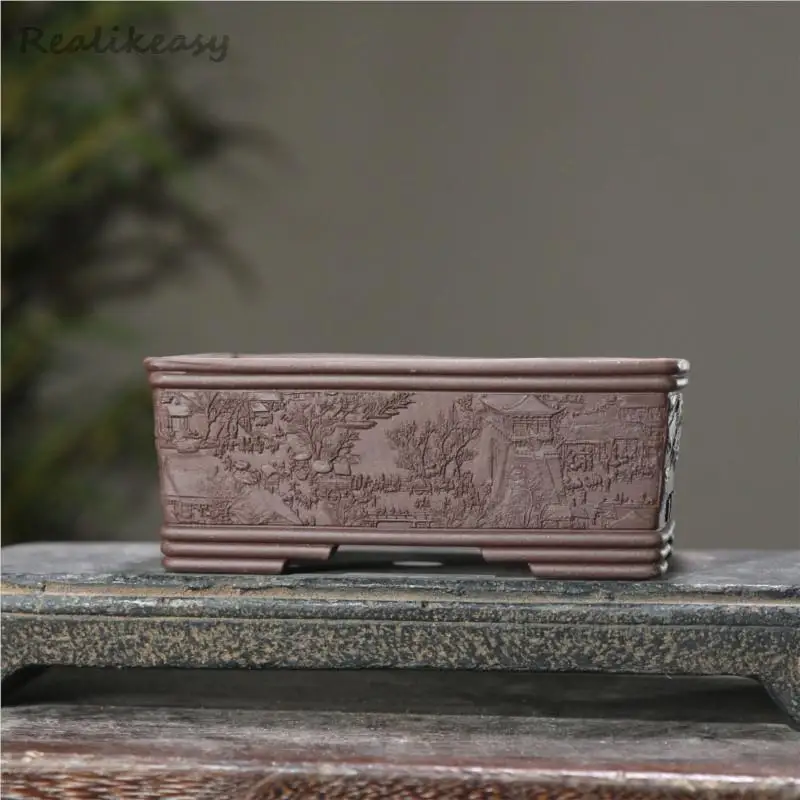 Purple Sand Square Flower Pot Ancient City Relief Engraving Bonsai Pot Chiese Antique and Classical Style Flower Pot Home Decor