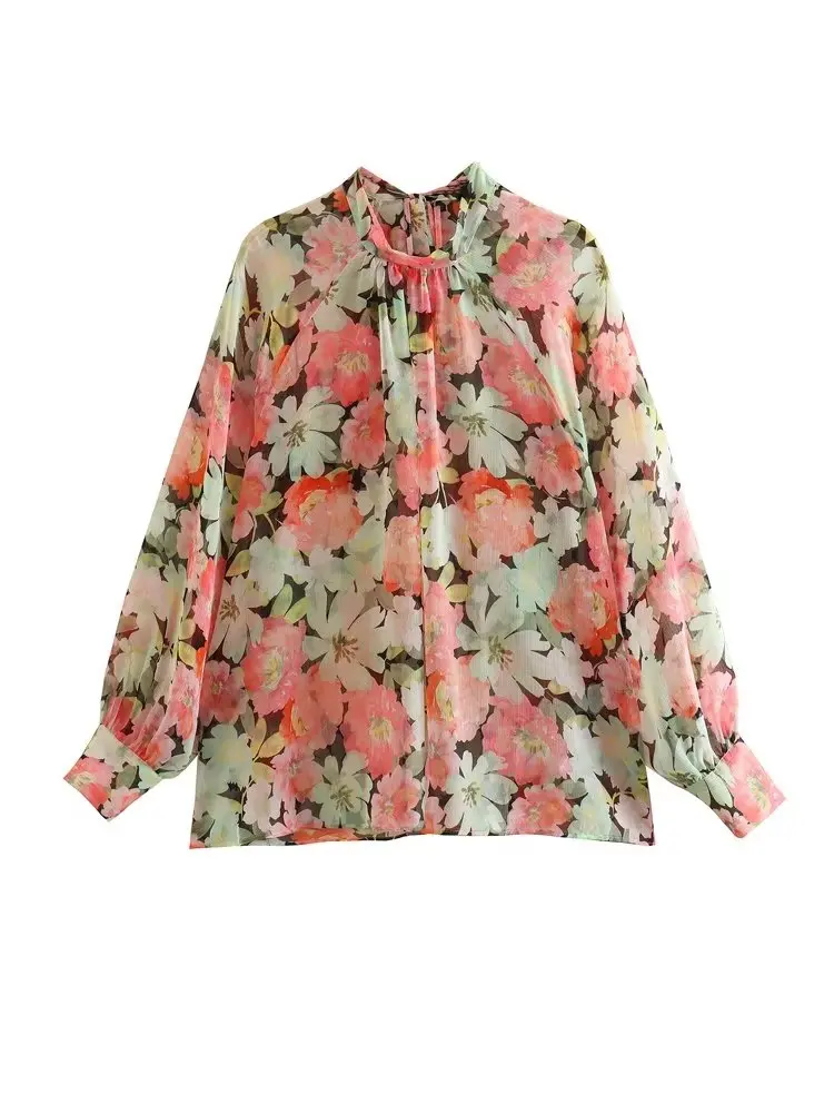 

Women 2023 New Fashion Print Blouses Vintage Long Sleeve Bow accessories Female Shirts Chic Tops