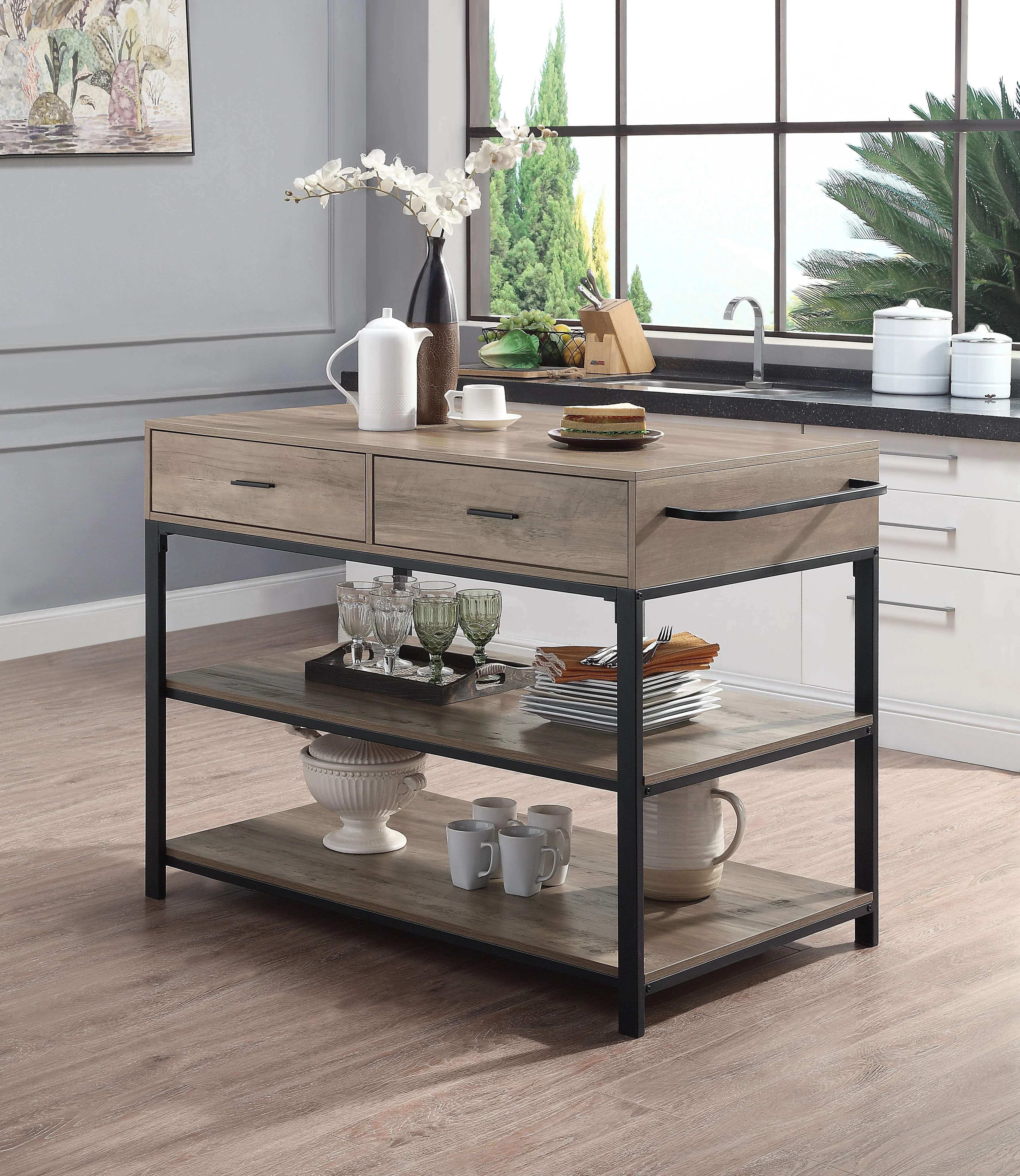 

New High Quality Kitchen Island Rustic Oak Black Finish 2 Storage Drawers and 2 Tier Shelf Dining Furniture Kitchen Furniture