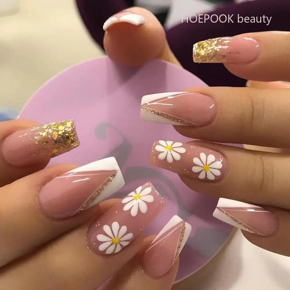 

24pcs French Flower Reusable Wearing False Nails Art Full Cover Artificial Waterproof Fake Nails Set Press On Nails With Designs