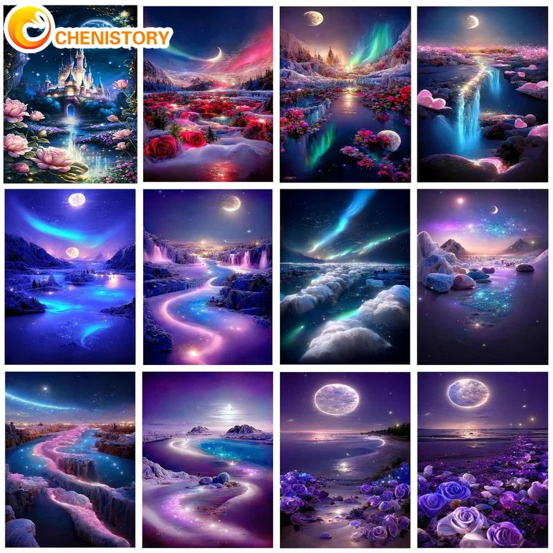 

CHENISTORY Oil Painting By Numbers Acrylic Paints Canvas Painting Moon Landscape DIY Pictures By Numbers Adults Crafts Decor