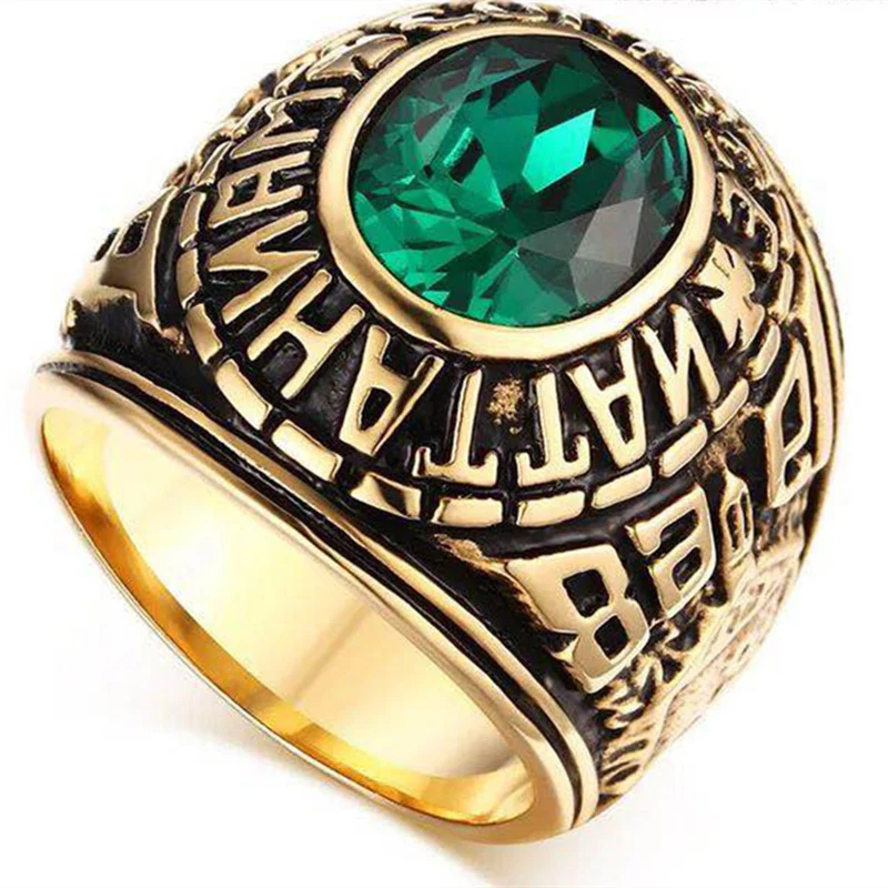 

New Retro Gold Carving Letter Years 1968 Rings For Men Oval Green CZ Stone Inlay Punk Fashion Jewelry Party Gift Finger Ring