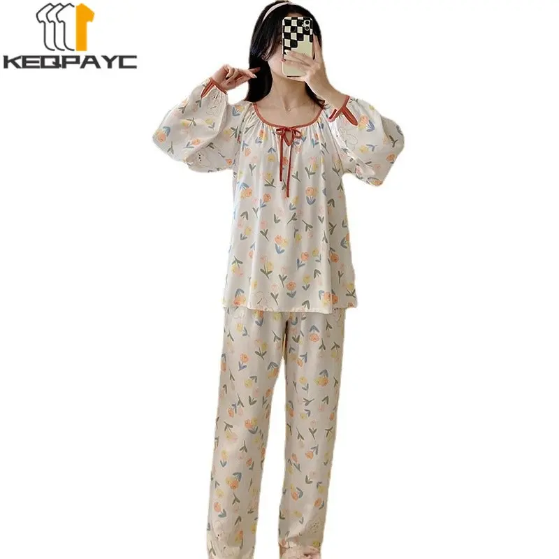 Women's Pajamas New 2023 Spring Autumn Long Sleeve Thin Sleepwear Homewear Women Sweet Floral Casual Nightwear Clothing Sets