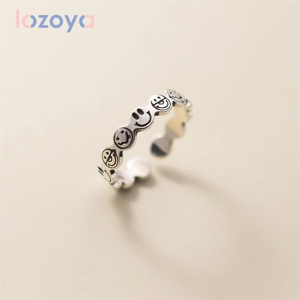 

Lozoya Original 925 Sterling Silver Rings For Women Thai Silver Retro Style Smiley Ring Simple Fashion Luxury Jewelry Index Ring