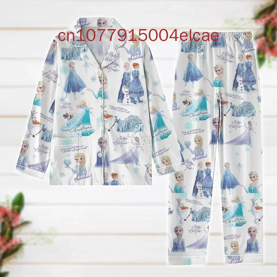 Disney Frozen Elsa Christmas Pajamas Set 2024 New Fashionable and Casual Men's Women's Long Sleeved Shirts