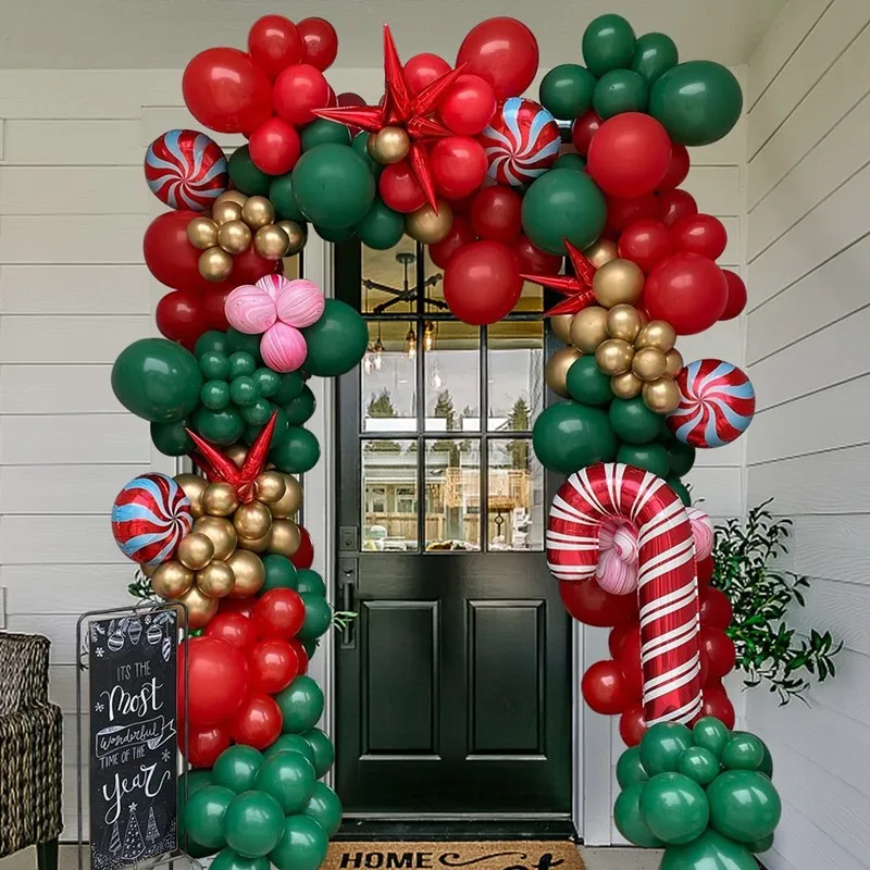 

Christmas Balloons Arch Red Green Metallic Gold Candy Cane Foil Globos Ballon Garland for New Year Christmas Party Decorations