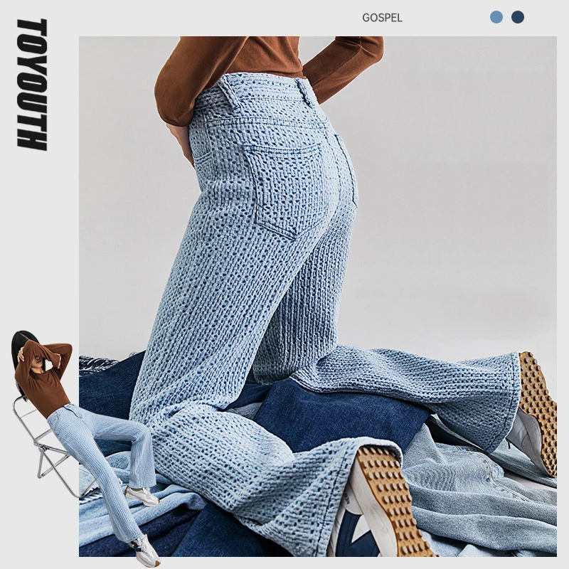 

Toyouth Women Jeans 2021 Autumn High Waist Comfortable Wide Leg Checkered Jacquard Design Vintage Casual Denim Long Pants