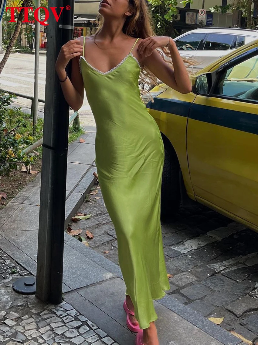 

TTQV Summer Slim Green Dresses For Women 2023 Autumn Spaghetti Strap Lace V-Neck Dresses Casual Sexy Straight Ankle-Length Dress