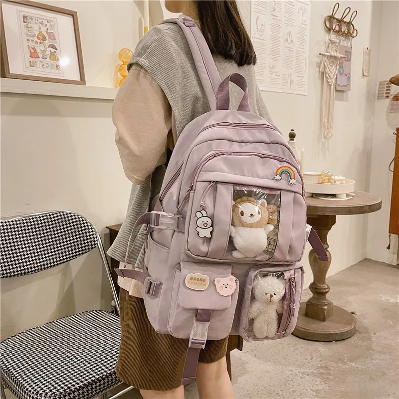 Large-capacity Cute Women Multi-Pocket Nylon Backpack Junior High School Student School Bag Female Girl Backpack Laptop Book Bag