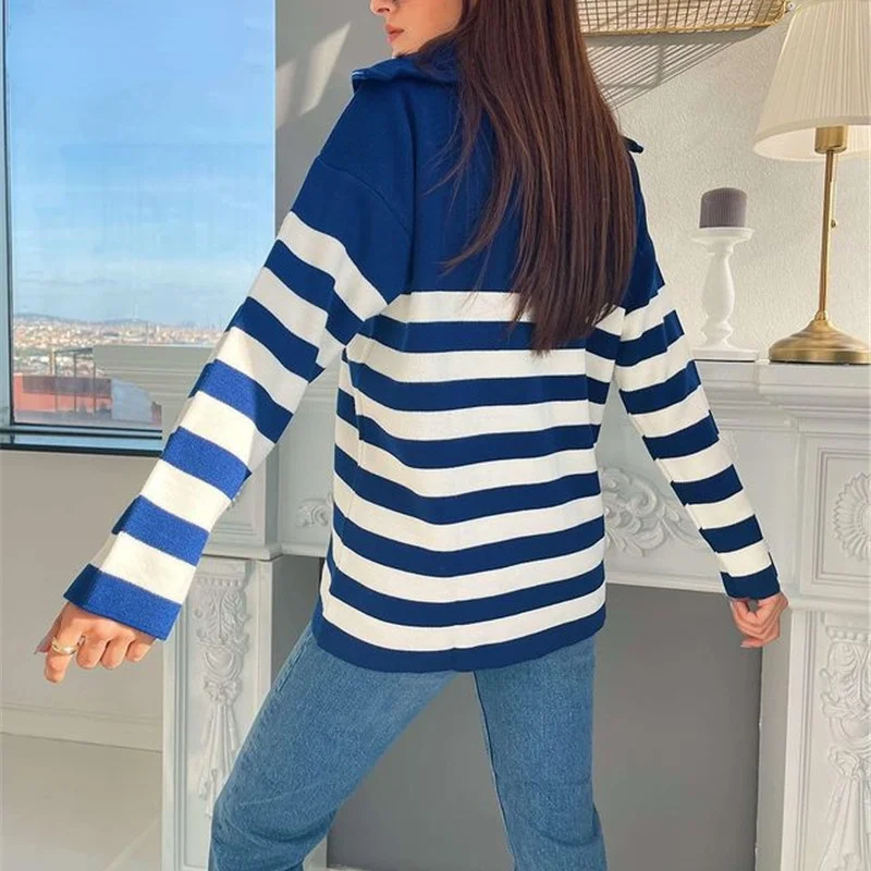 Полосатые вязаные свитера на молнии с длинным рукавом повседневный свободный