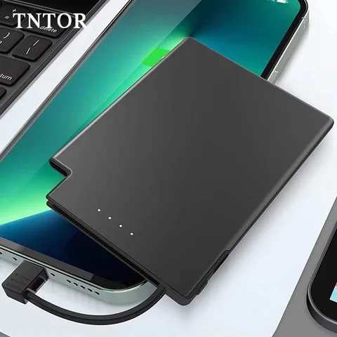 Тонкий портативный внешний аккумулятор TNTOR емкостью 3500 мАч со встроенным зарядным кабелем для iPhone 16, Samsung Xiaomi — быстрая зарядка