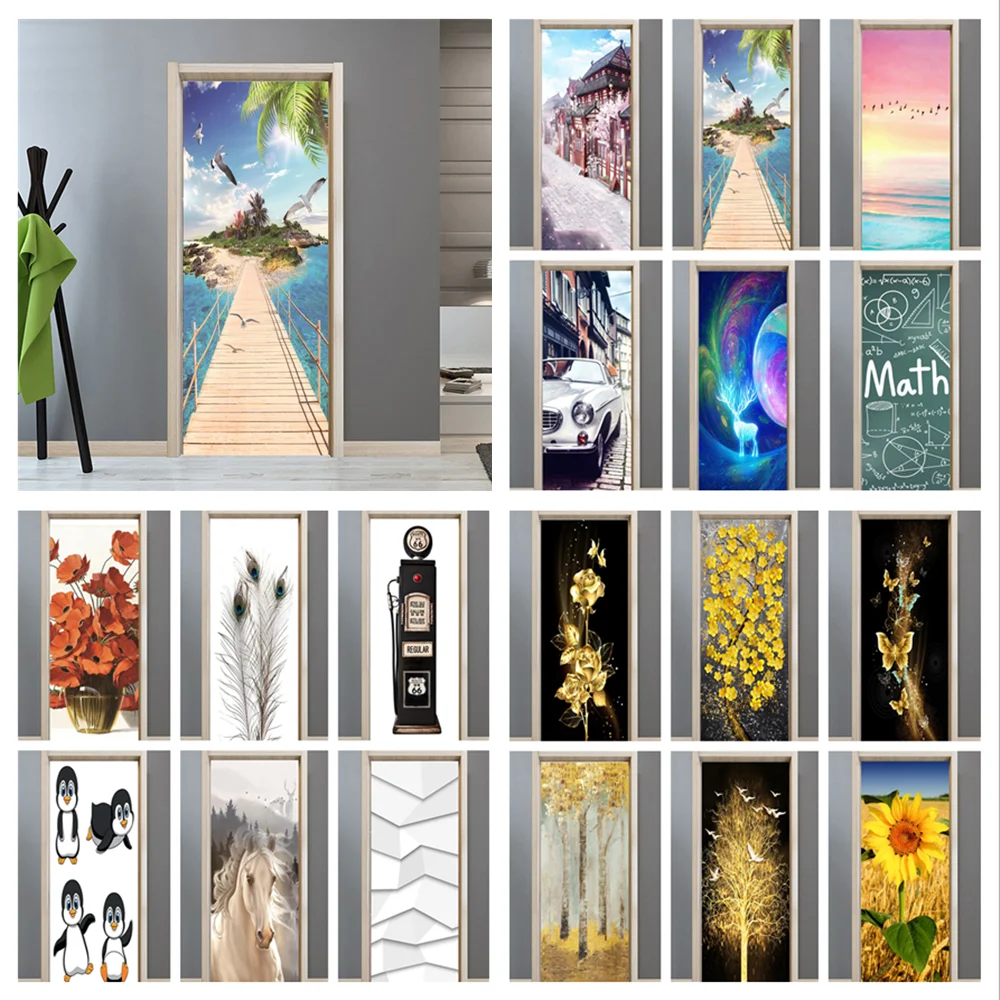 

Modern Door Sticker Wolf Animals Sunflower Scenery Geometry Vinyl Waterproof Removable Art Door Poster Home Decor Renovation