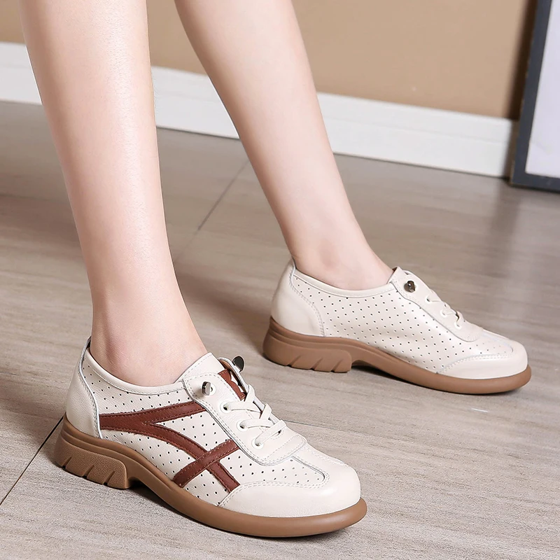 Spring British Small Leather Shoes women's Soft Leather Lace-up Single Sports Wind Hollow Breathable Casual Shoes Flat Large Siz