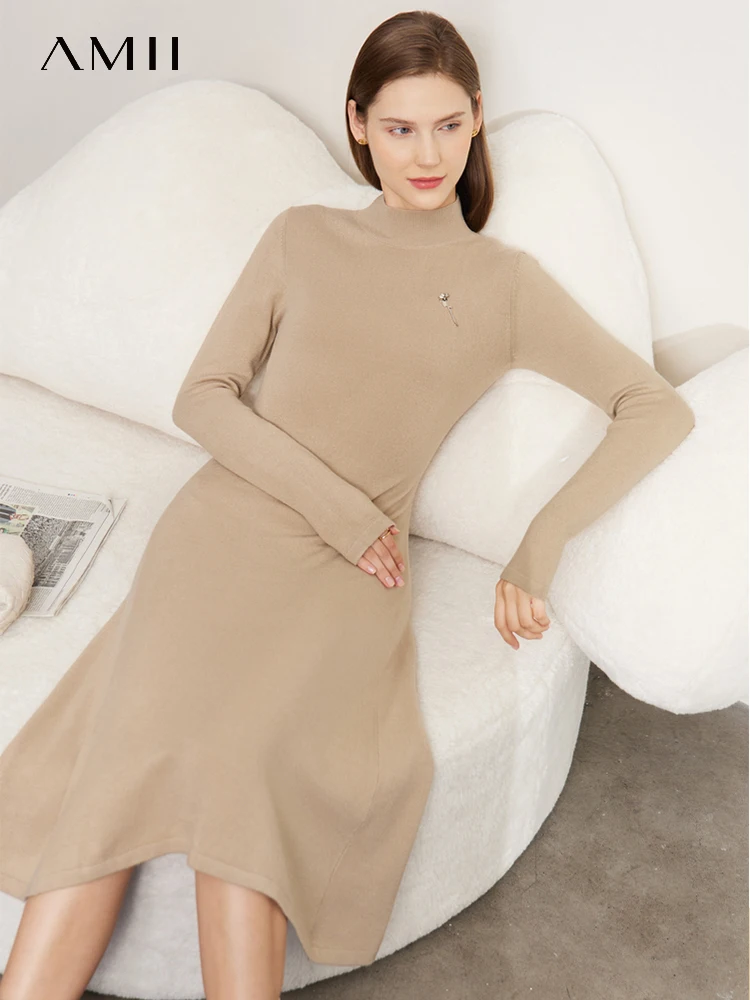 

Amii Minimalism Dress 2022 Winter New Vintage Commuter Elegant Casual A-line Half High Collar Pullover Long Vestidos 12241277