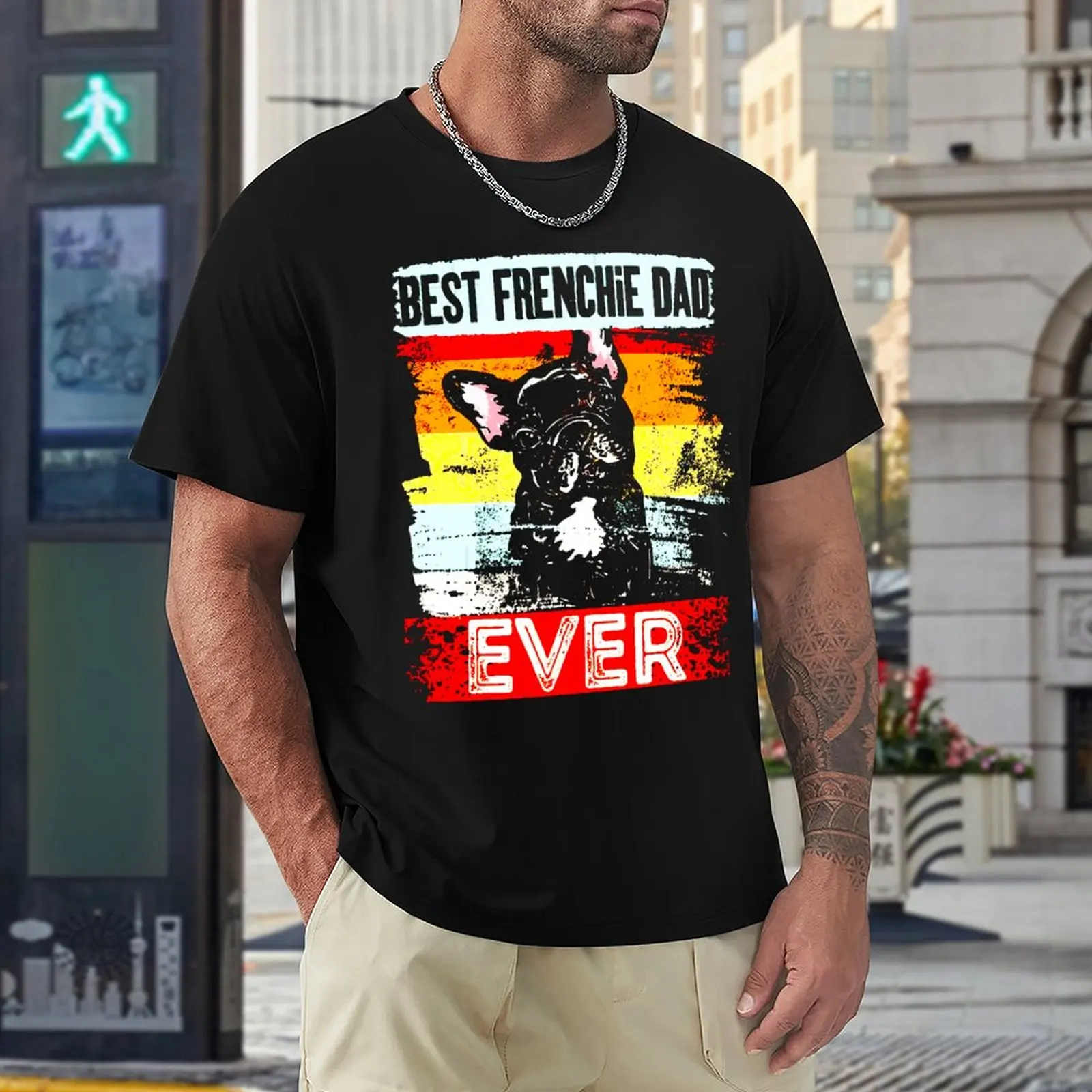 

Vintage Best Frenchie Dad Ever Fathers Day Classic 4 T-shirt Crewneck Move T-shirts Creative Travel Funny Novelty Eur Size