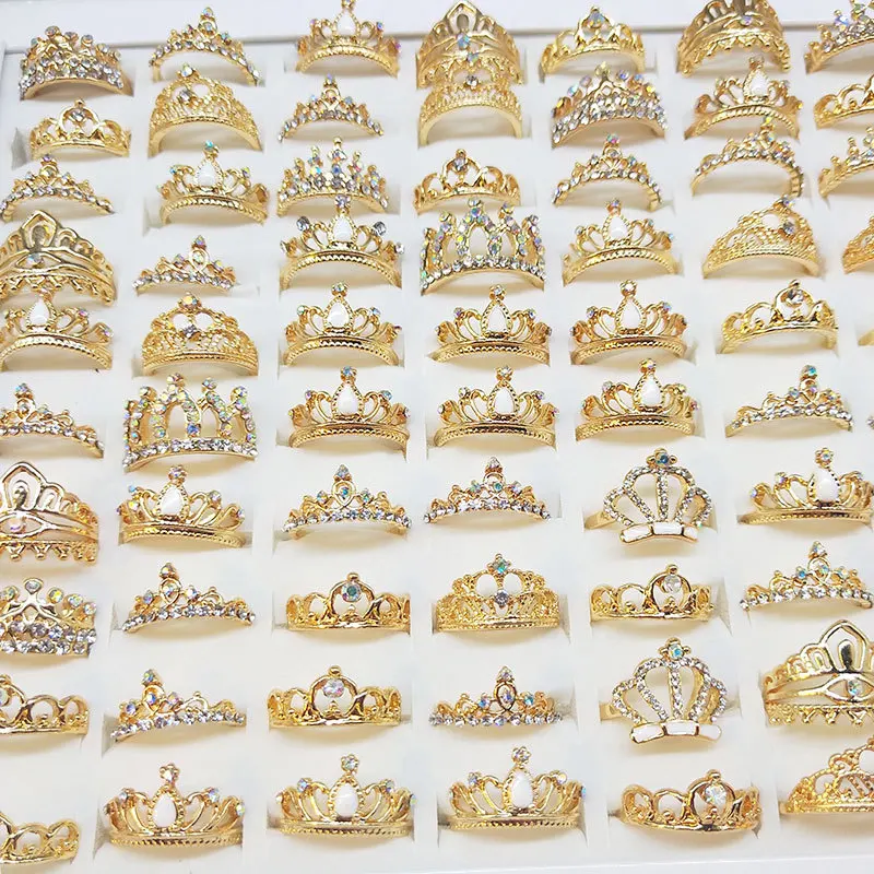 

50pcs Silver Gold Plated Charm Exquisite Princess Tiara Crown Sparkling CZ Rings for Women Engagement Jewelry Anniversary Gift
