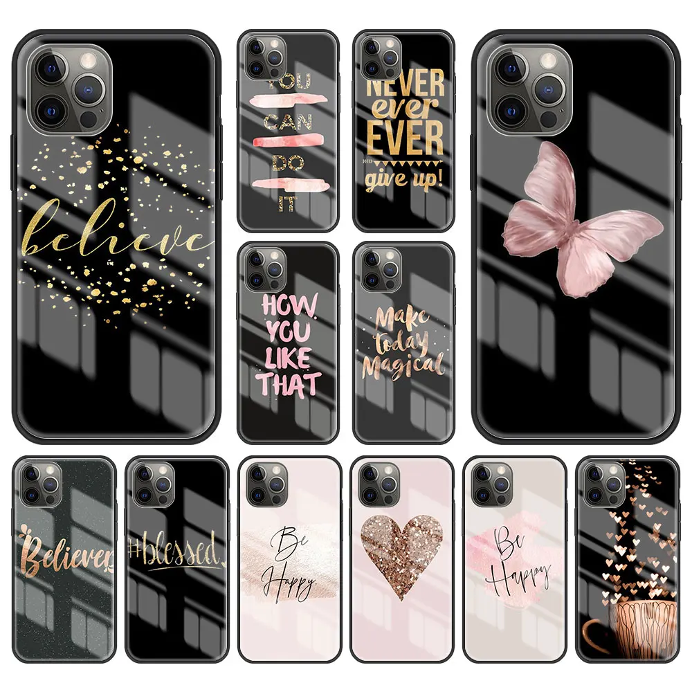 

Gold Pink Words Tempered Glass Case For iPhone 11 12 13 Pro XS Max 13Mini X XR Hard Case For iPhone 7 8 Plus SE2 Fundas Shell