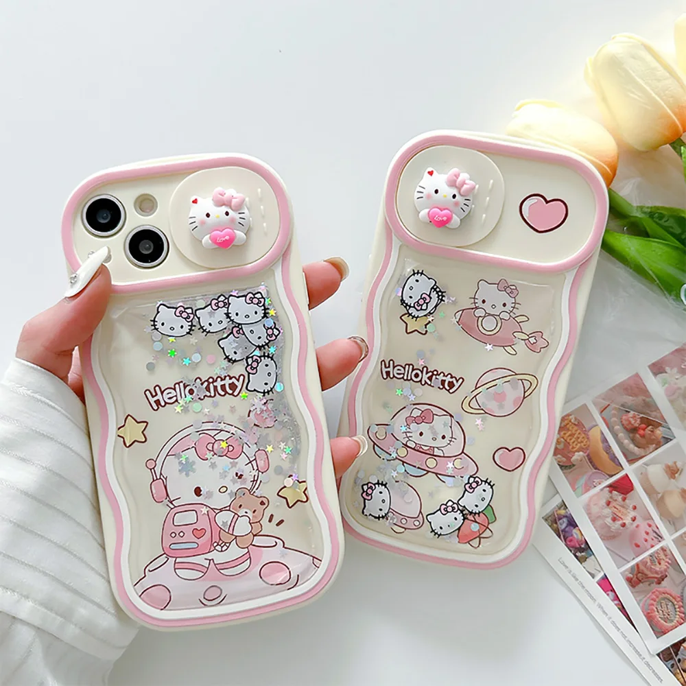 

Kawaii Sanrio Hello Kitty Push The Window Quicksand Phone Case for IPhone 14 13 12 11 Pro Max Plus 14Pro Anti-fall Back Cover