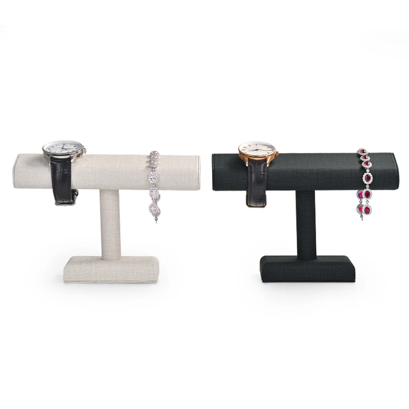 Oirlv Beige&Dark Green PU Leather T-Shape Watch Display Stand for Men and Women Watch Storage Rack Jewelry Organizer Holder