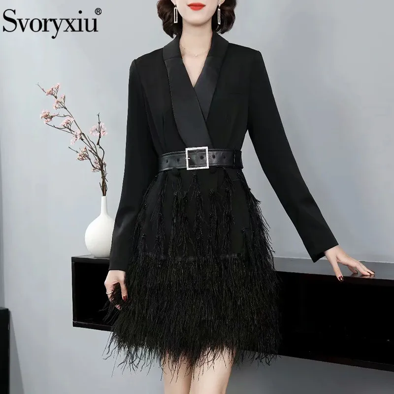 Svoryxiu Designer Autumn Fashion Office Lady Black Blazer Short Dress Women's Beaded Embroidery Feathers Dresses XXL
