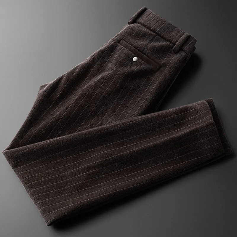 Light luxury deep winter thickened frosted warm business casual pants men's small straight striped trousers men's tide