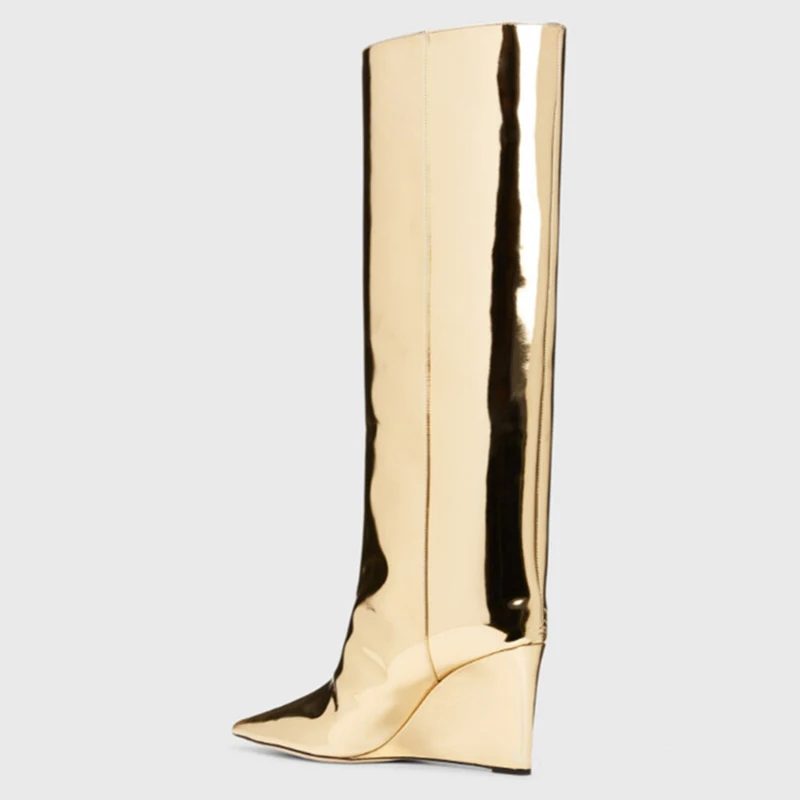 Women Custom Logo Patent Leather Knee High Booties Designer Wedge Heels Gold Metallic Long Boots Sexy Pointy Toe Shoes