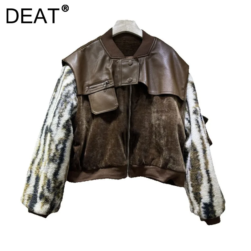 DEAT женское пальто с хлопковой подкладкой в стиле пэчворк из искусственной кожи
