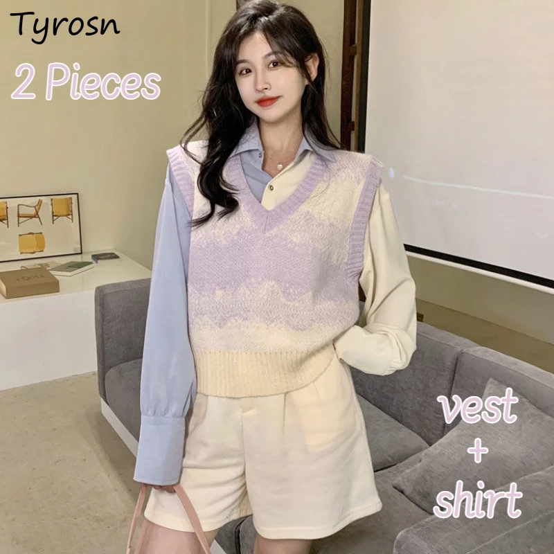 

Sweater Vests Sets Women 2 Pieces All-match Shirts Chic Design Daily Ulzzang Sweet Colleges Streetwear Leisure Ins Spring Simple