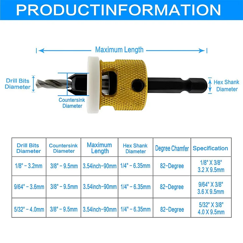 Набор сверл с зенкером из 3 предметов конические сверла #10 #12 #14 3/8 дюйма Dia X (1/8 9/64 5/32