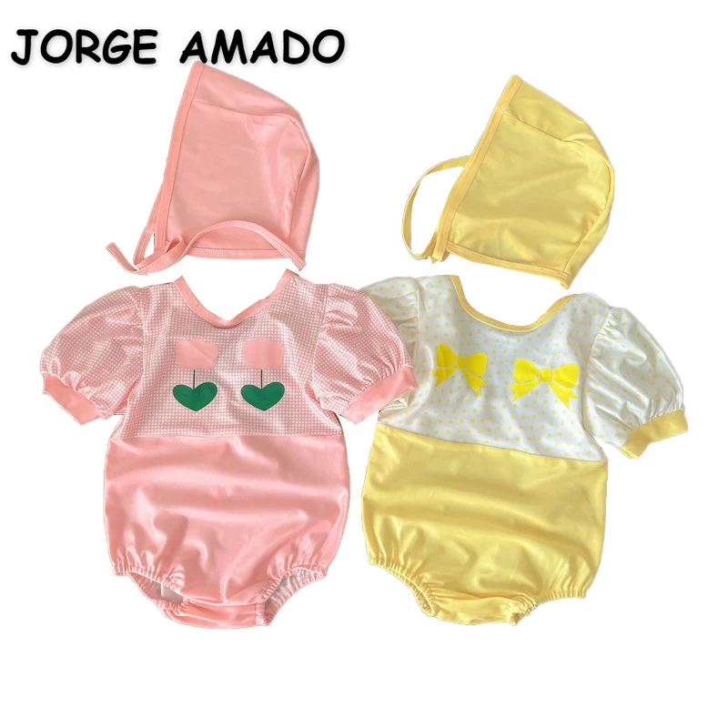 

New Summer Swimwear for Baby Girl Round Collar Cartoon Tulips Bow Short Puff Sleeves Swimsuit with Cap Infant Clothing E2275