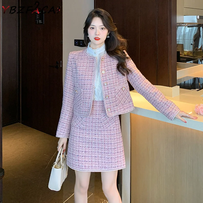 

Pink Tweed Suit 2022 Women's Fall Winter Luxury Round Neck Pink Tweed Jacket and Pocket Mini Skirt 2 Piece Casual Plaid Jacket