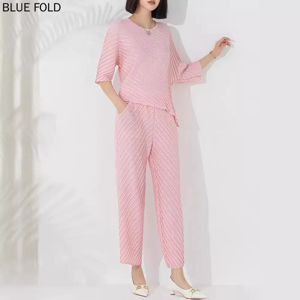 MIYAKE-Женский плиссированный топ с рукавами три четверти и прямые брюки высокой