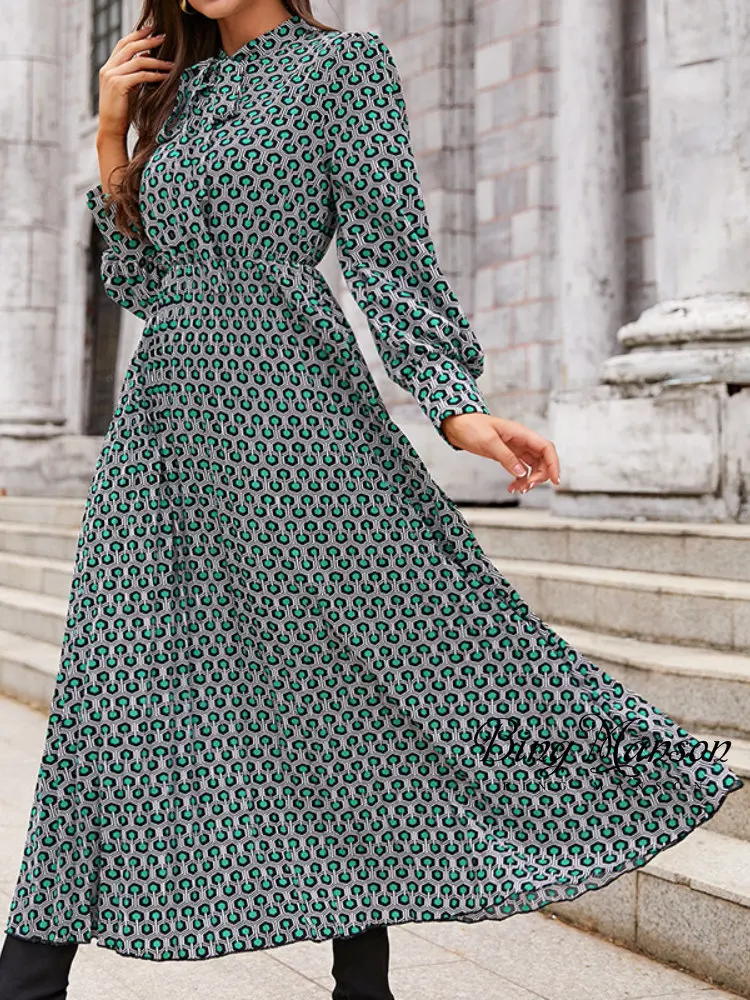 Купи 2022 Fall Winter Geometric Pattern Dress Long Sleeve Collar Party Dress Green Elegant Casual Women Dress Print Clothing за 1,255 рублей в магазине AliExpress