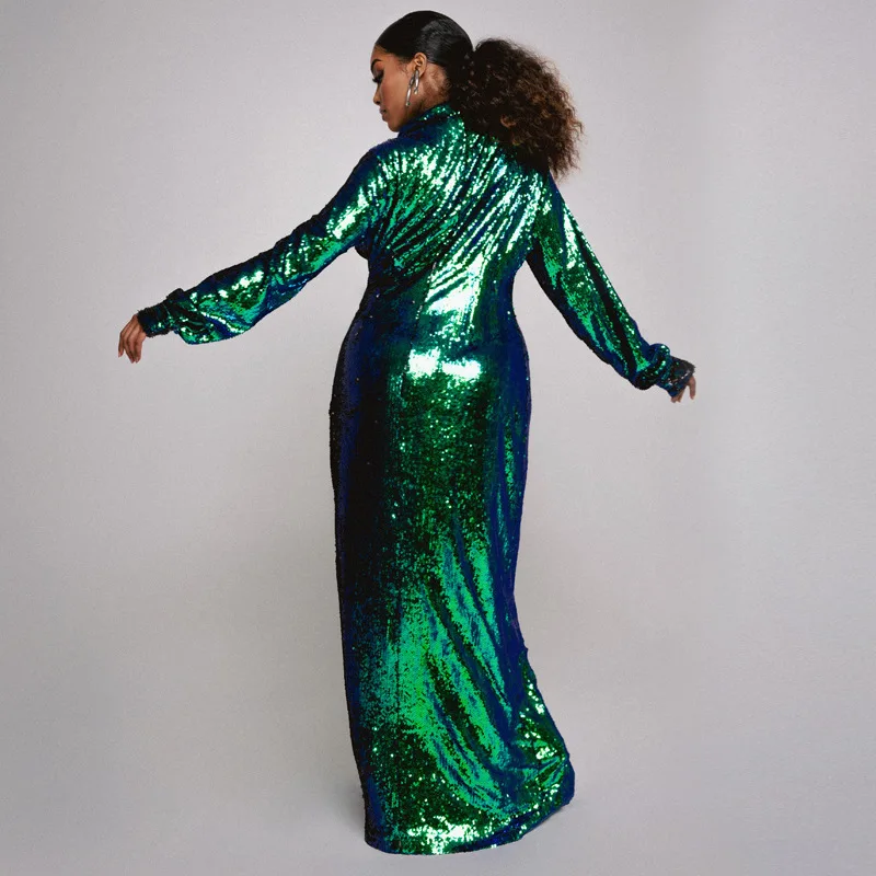 Women Fashion Sequined Party Gown Sexy Deep V-neck Long Sleeve Prom Dress Elegant Slim High Split  Evening Dresses