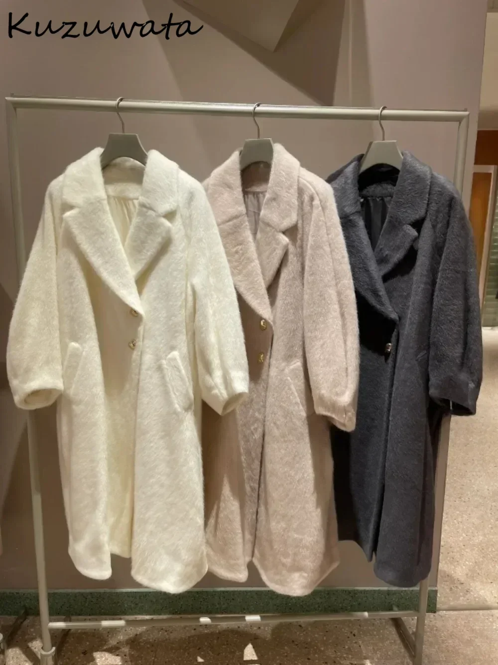 Kuzuwata винтажное шерстяное пальто с отложным воротником средней длины элегантное