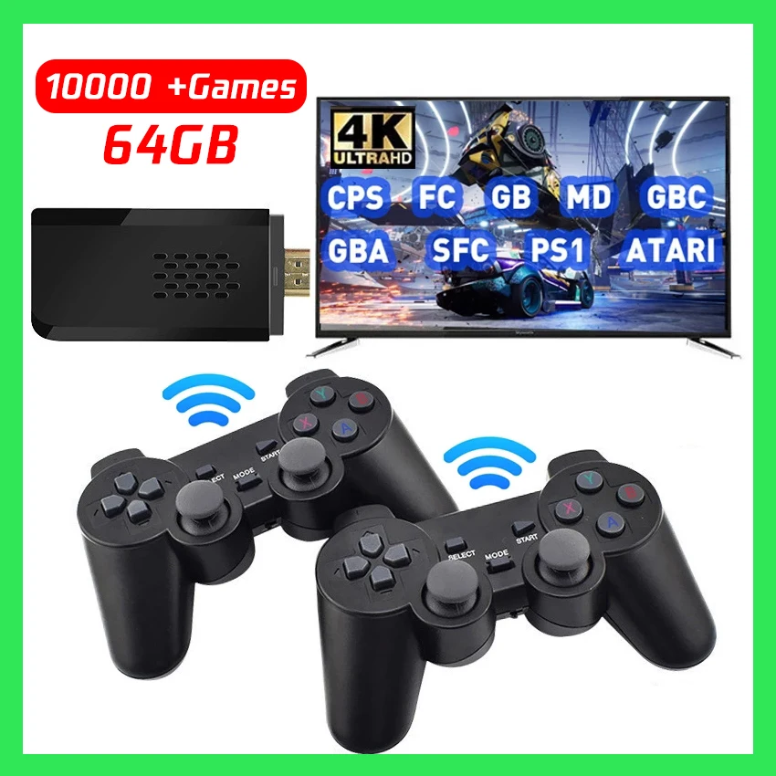 

4K HD Video TV Game Console 2G+32G/64G 10000+ Classic Retro Games 4K Game Stick With 2.4G Wireless Controller PS1/FC Joystick