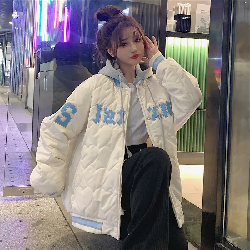 Hooded Jacket Love Embroidery Retro Baseball Uniform Women's Jacket Spring Autumn Winter Loose Cotton Clothes Cotton Clothes