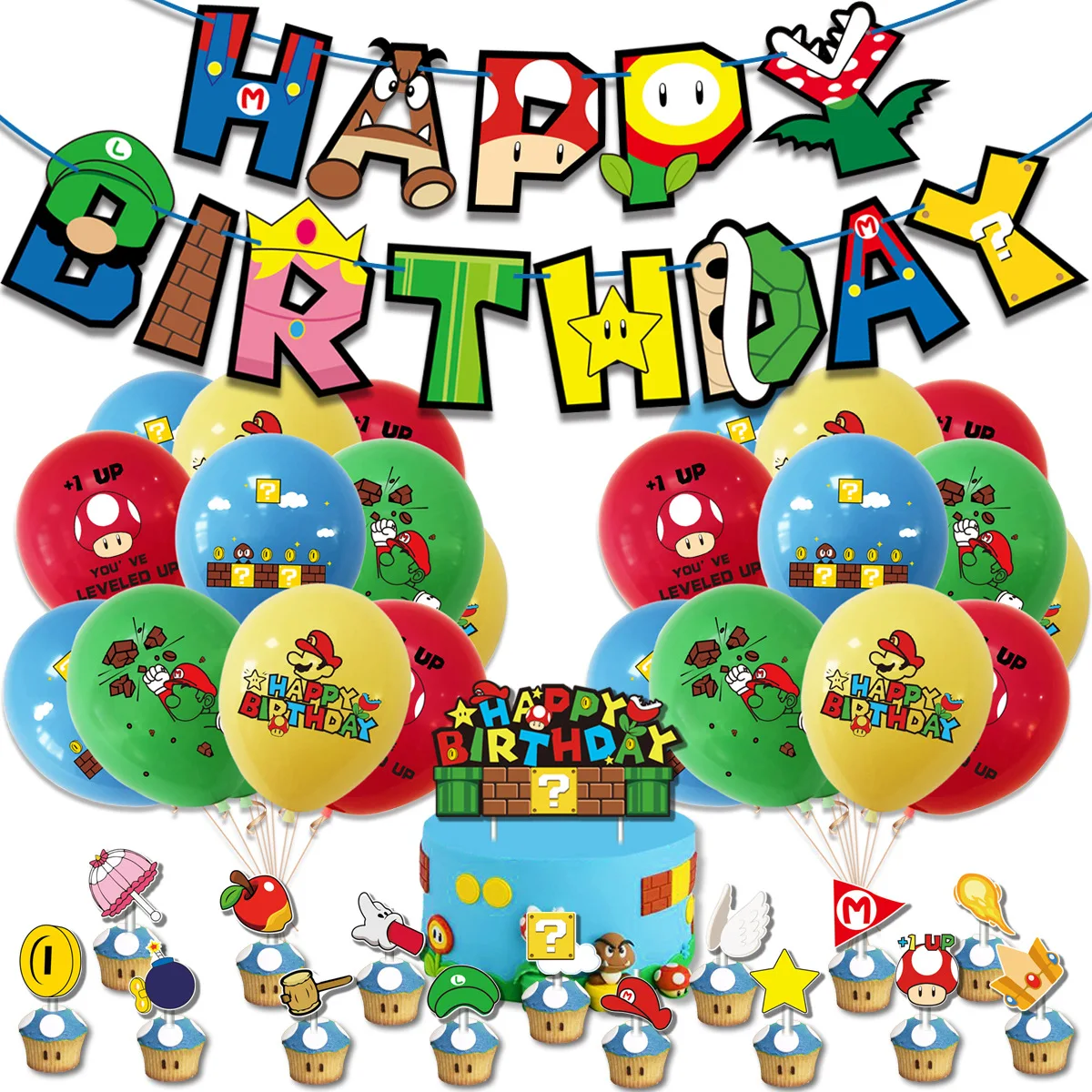 

Super Mario Cartoon Theme Children's Birthday Party Decoration Banners Cake Inserts Balloon Sets Site Layout Party Supplies