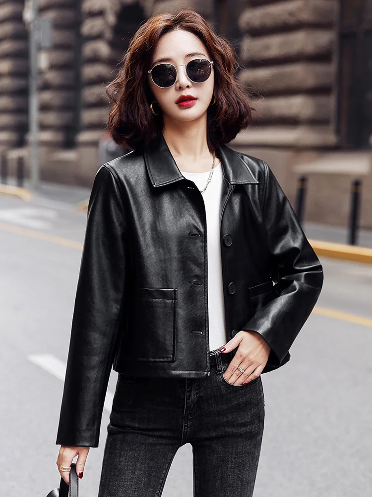 New Women Short Leather Jacket Spring Autumn Fashion Shirt Collar Single Breasted Slim Short Leather Coat Sheepskin Biker Jacket